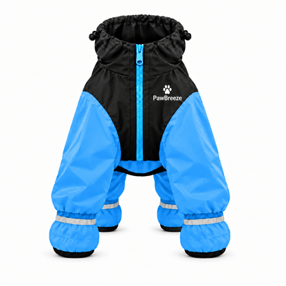 Dog wearing the PawBreeze raincoat in the rain