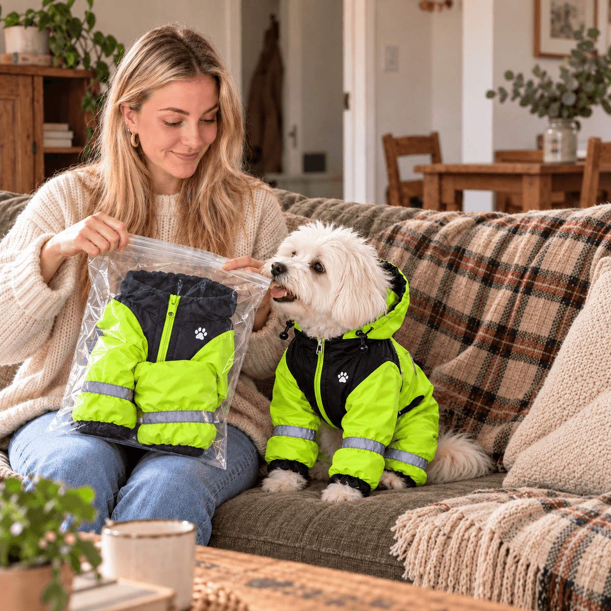 Woman and dog in matching raincoats
