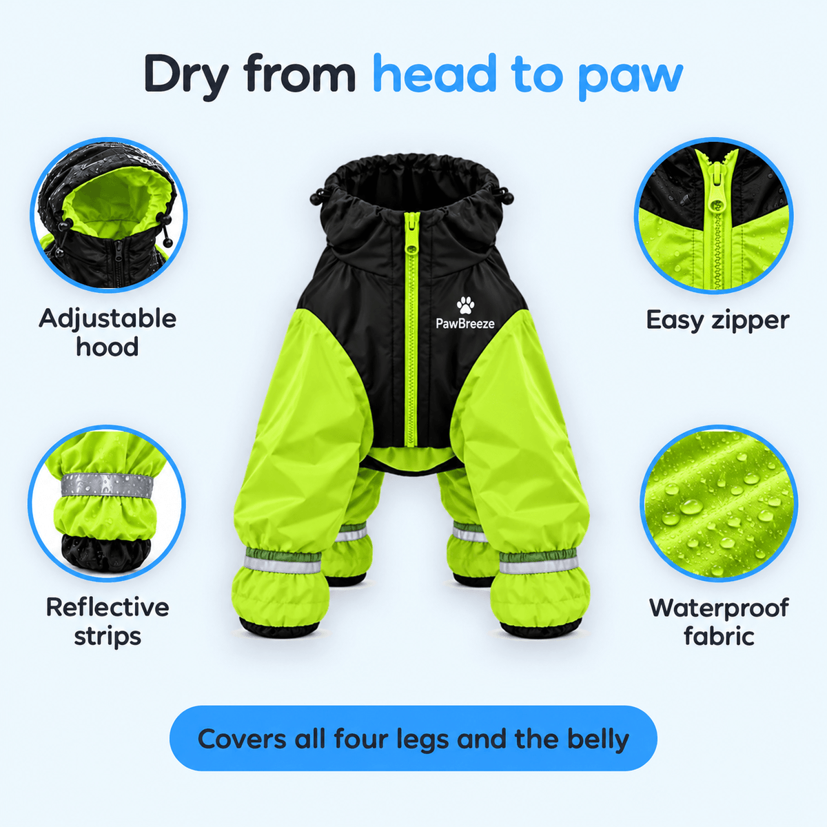 Dry from paws to head with the PawBreeze raincoat